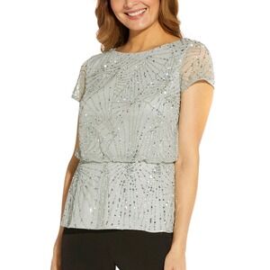 NEW!‎ Adrianna Papell Women's Beaded Mesh Evening Boatneck  Top Sage Size 4 $140